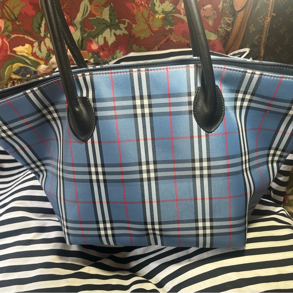 Burberry Blue and Black Checkered Tote Bag